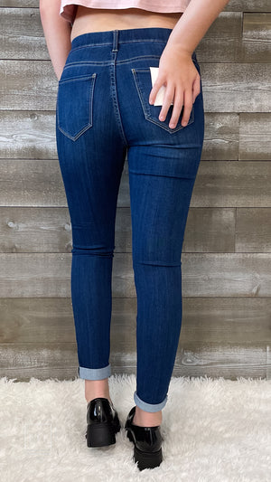 cello jeans pull on skinny crop mid rise jeans with rolled hem in dark wash AB76535DK