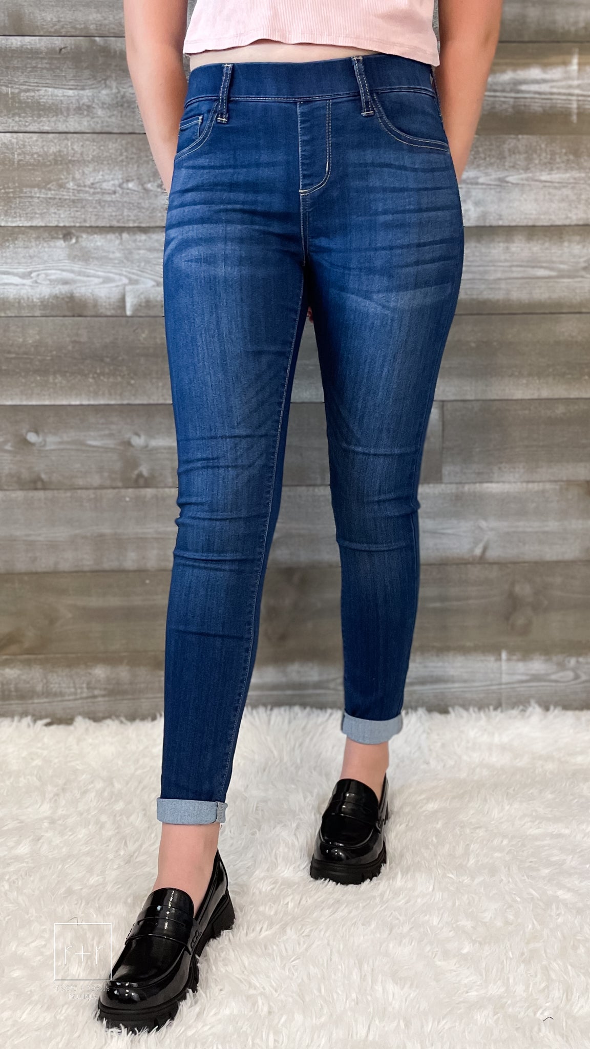 cello jeans pull on skinny crop mid rise jeans with rolled hem in dark wash AB76535DK