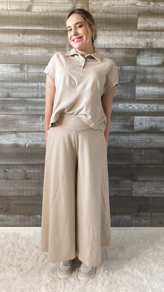 ces femme taupe matching set collared top and billowy wide leg pants SIC70024