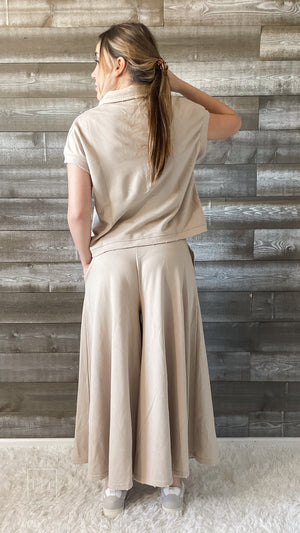 ces femme taupe matching set collared top and billowy wide leg pants SIC70024