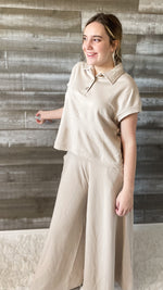 ces femme taupe matching set collared top and billowy wide leg pants SIC70024
