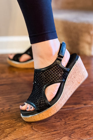 Corkys Footwear Black Mesh Carley Wedge Sandal Holiday Style