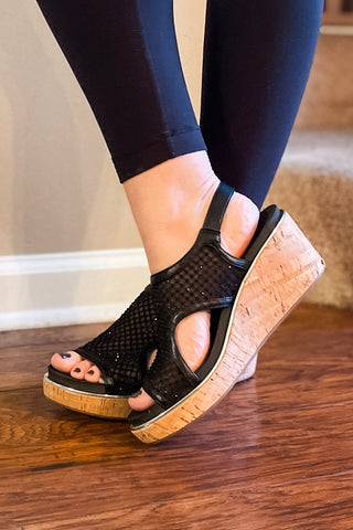 Corkys Footwear Black Mesh Carley Wedge Sandal Holiday Style