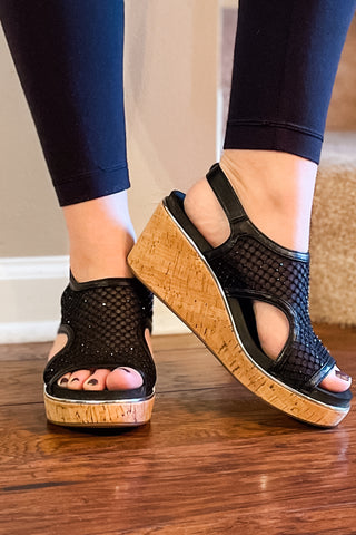 Corkys Footwear Black Mesh Carley Wedge Sandal Holiday Style