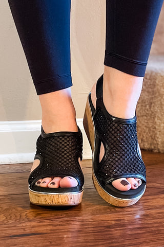 Corkys Footwear Black Mesh Carley Wedge Sandal Holiday Style