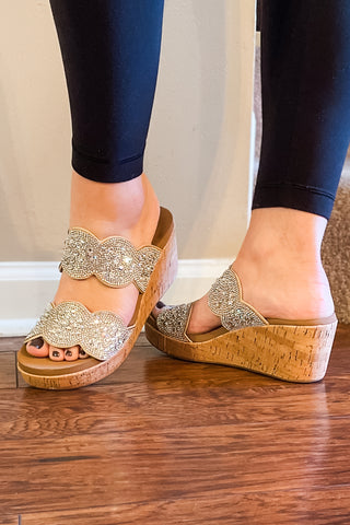 corkys make a toast wedge sandal with clear rhinestone embellishments