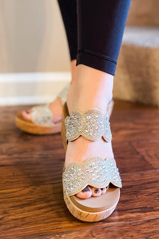 corkys make a toast wedge sandal with clear rhinestone embellishments