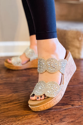 corkys make a toast wedge sandal with clear rhinestone embellishments