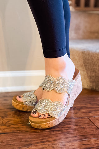 corkys make a toast wedge sandal with clear rhinestone embellishments