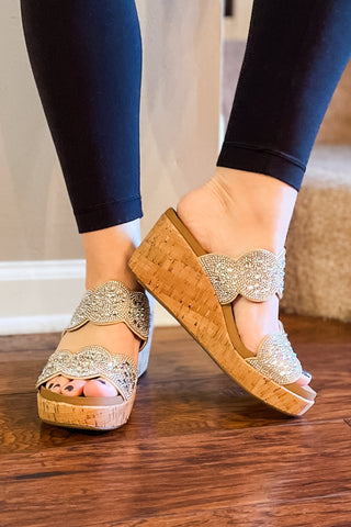 corkys make a toast wedge sandal with clear rhinestone embellishments