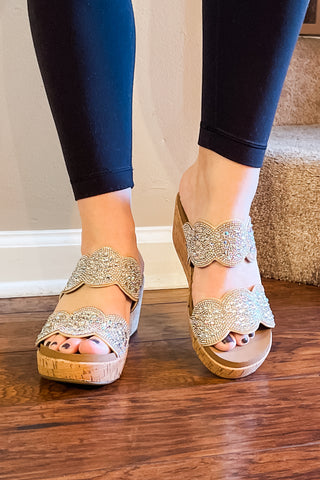 corkys make a toast wedge sandal with clear rhinestone embellishments