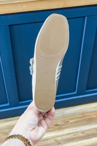 Corkys Footwear All Eyes On Me Silver Ballet Flats Adjustable Double Straps Square Toe with decorative grommets botton view