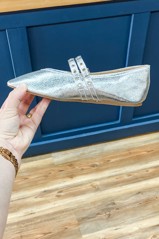 Corkys Footwear All Eyes On Me Silver Ballet Flats Adjustable Double Straps Square Toe with decorative grommets side view