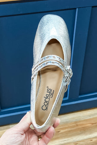 Corkys Footwear All Eyes On Me Silver Ballet Flats Adjustable Double Straps Square Toe with decorative grommets top view