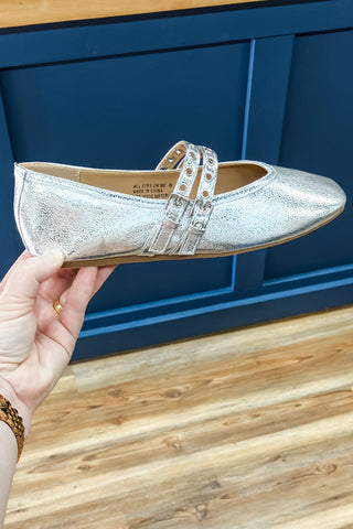 Corkys Footwear All Eyes On Me Silver Ballet Flats Adjustable Double Straps Square Toe with decorative grommets side view