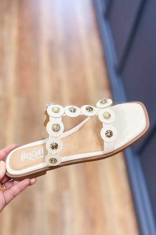 Corkys Footwear Beach What White Summer Flat Sandals Gold Medallions perfect for vacation, cruises and summer events