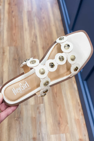 Corkys Footwear Beach What White Summer Flat Sandals Gold Medallions perfect for vacation, cruises and summer events