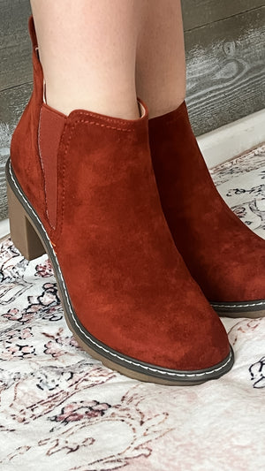 corkys footwear bite me booties fall rust faux suede