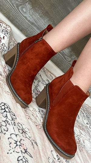 corkys footwear bite me booties fall rust faux suede