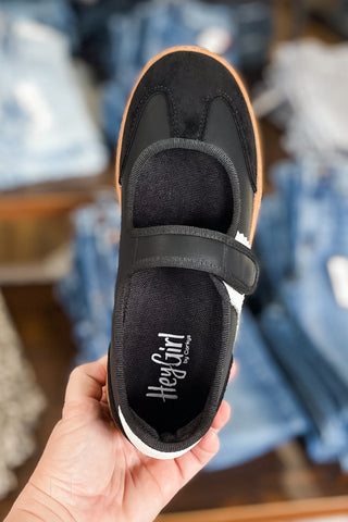 Corkys Footwear Calm Down mary jane style sneaker in black with 2 white stripes and heel detail top view