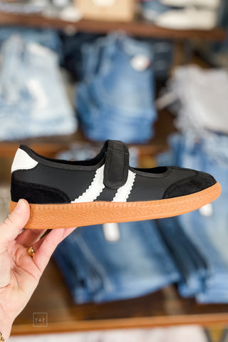 Corkys Footwear Calm Down mary jane style sneaker in black with 2 white stripes and heel detail
