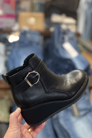 Corkys Footwear Intuition Black Wedge Chelsea Boots with decorative strap and buckle, round toe and cushioned insole