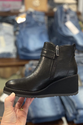 Corkys Footwear Intuition Black Wedge Chelsea Boots with decorative strap and buckle, round toe and cushioned insole and side zipper
