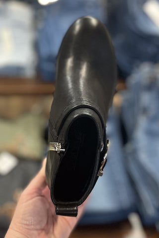 Corkys Footwear Intuition Black Wedge Chelsea Boots with decorative strap and buckle, round toe and cushioned insole