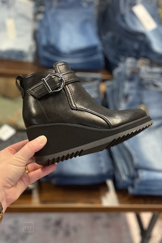 Corkys Footwear Intuition Black Wedge Chelsea Boots with decorative strap and buckle, round toe and cushioned insole