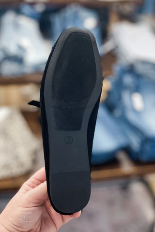 Corkys Footwear Layover Ballet Flats Bow Detail Black Faux Suede square toe sole view