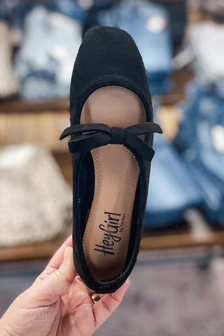 Corkys Footwear Layover Ballet Flats Bow Detail Black Faux Suede square toe top view