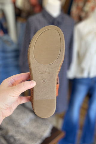 Corkys Footwear cognac Bring It In lower heel wedge closed toe shoe criss cross straps and ankle strap closure bottom