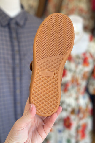 Corkys Footwear Calm Down mary jane style sneaker in Chestnut brown faux suede with 2 white stripes and heel tab sole view