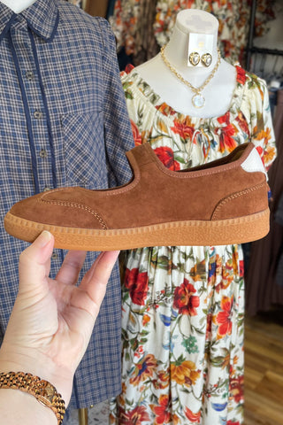 Corkys Footwear Calm Down mary jane style sneaker in Chestnut brown faux suede with 2 white stripes and heel tab side view