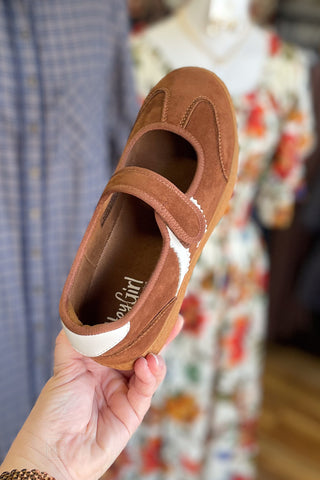 Corkys Footwear Calm Down mary jane style sneaker in Chestnut brown faux suede with 2 white stripes and heel tab