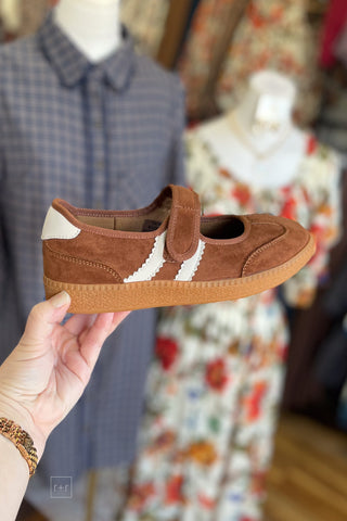 Corkys Footwear Calm Down mary jane style sneaker in Chestnut brown faux suede with 2 white stripes and heel tab side view