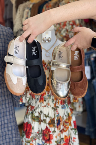 Corkys Footwear Calm Down mary jane style sneakers in Sand Combo, Black, Chestnut and Gold