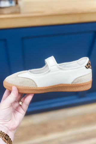 Corkys Footwear Calm Down mary jane style sneaker in sand combo with 2 black stripes and leopard heel detail
