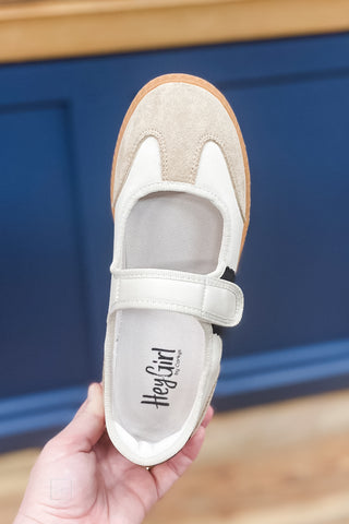 Corkys Footwear Calm Down mary jane style sneaker in sand combo with 2 black stripes and leopard heel detail top view