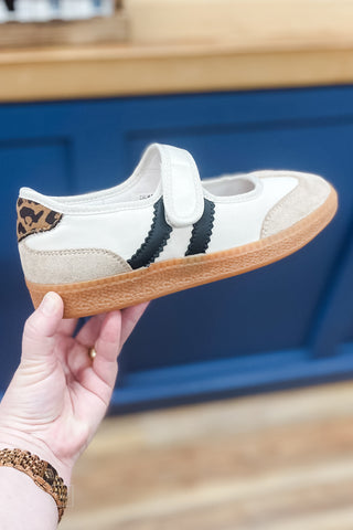 Corkys Footwear Calm Down mary jane style sneaker in sand combo with 2 black stripes and leopard heel detail