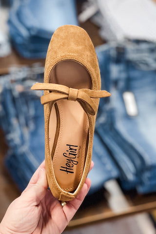 Corkys Footwear Layover Ballet Flats Bow Detail Camel Faux Suede square toe top view