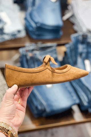 Corkys Footwear Layover Ballet Flats Bow Detail Camel Faux Suede square toe