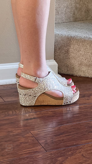 corkys footwear carley cork wedge sandal shimmery beige new glitter