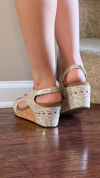 corkys footwear carley cork wedge sandal shimmery beige new glitter