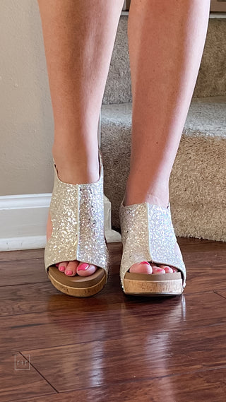 corkys footwear carley cork wedge sandal shimmery beige new glitter