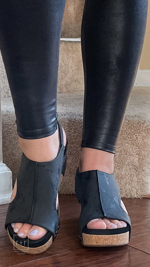 corkys footwear carley wedge sandal in black metallic