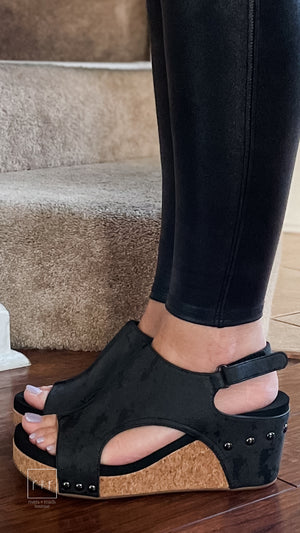 corkys footwear carley wedge sandal in black metallic