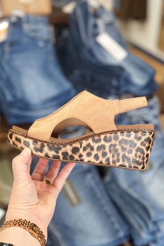 Corkys Footwear Carley Camel Leopard Combo Cork Wedge Open Toe Sandal