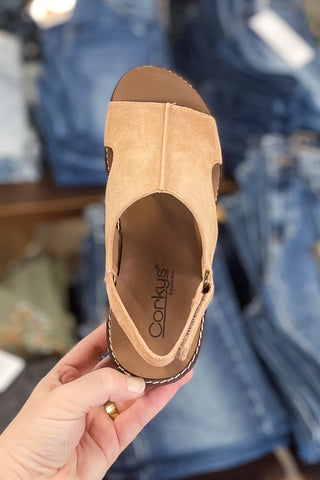 Corkys Footwear Carley Camel Leopard Combo Cork Wedge Open Toe Sandal
