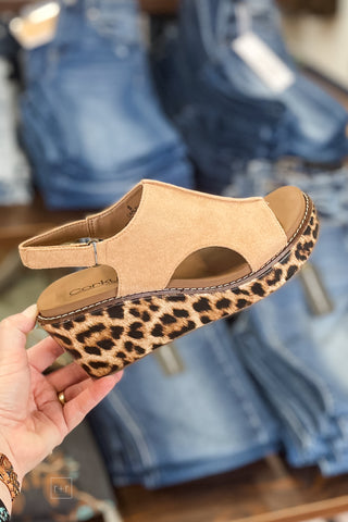 Corkys Footwear Carley Camel Leopard Combo Cork Wedge Open Toe Sandal